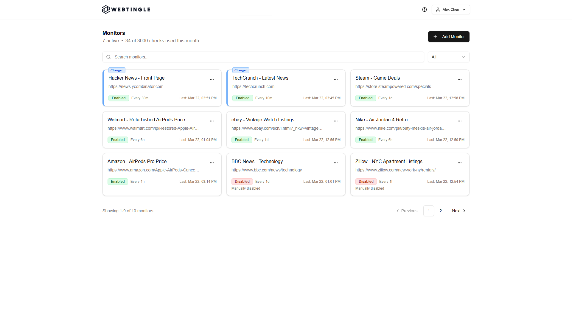 Webtingle dashboard showing active website monitors for Amazon, eBay, Steam, TechCrunch, Nike, and more