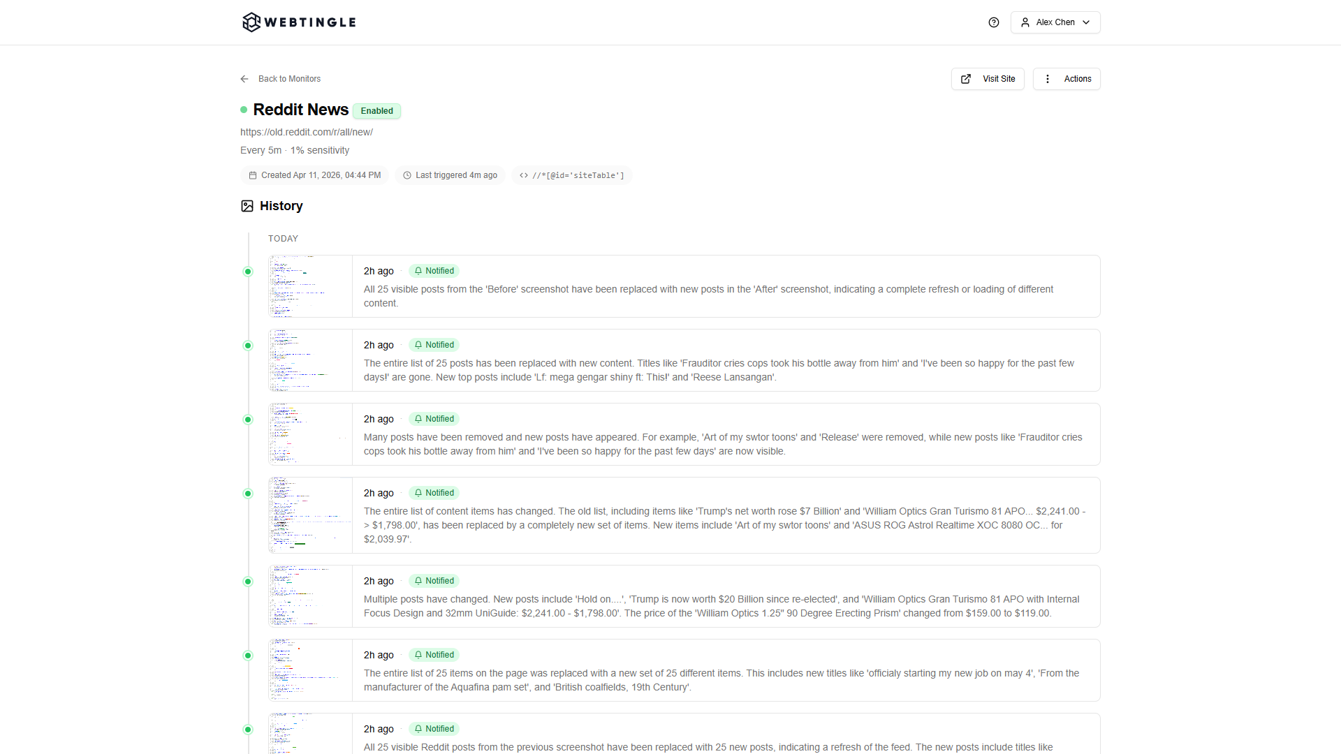 Webtingle monitor detail page showing change history with before/after screenshots